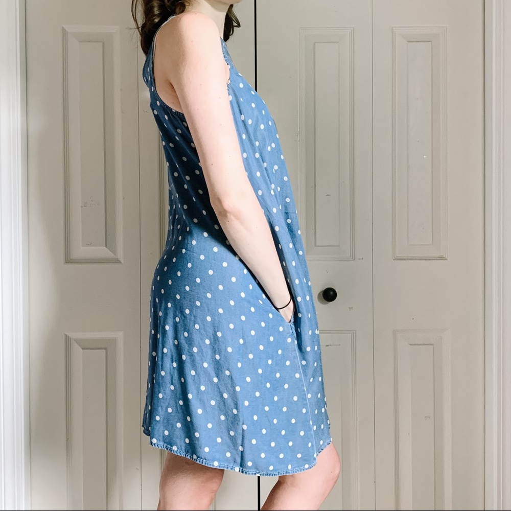 Denim blue shift dress w/ white polka dots